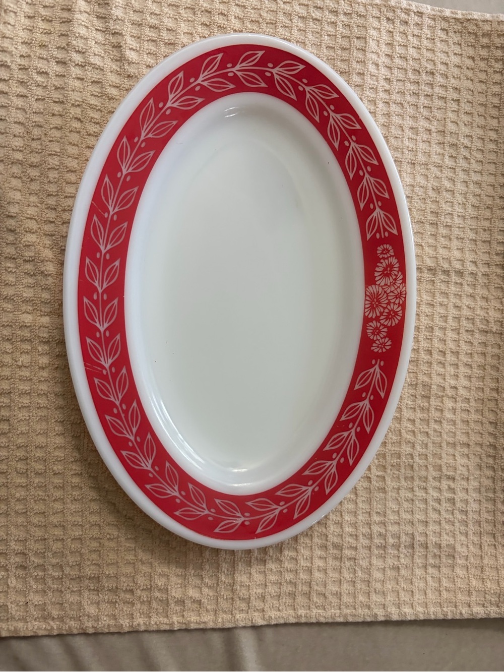 Vintage Pyrex White Oval Serving Platter with Red Leaf Trim